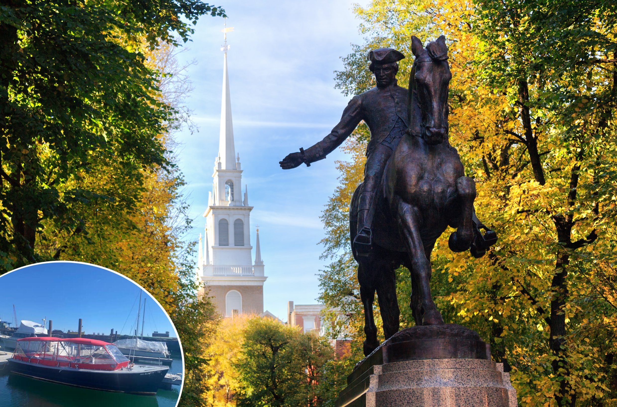 Paul Revere Statue and Old North Church (corner: Red Top Boat)