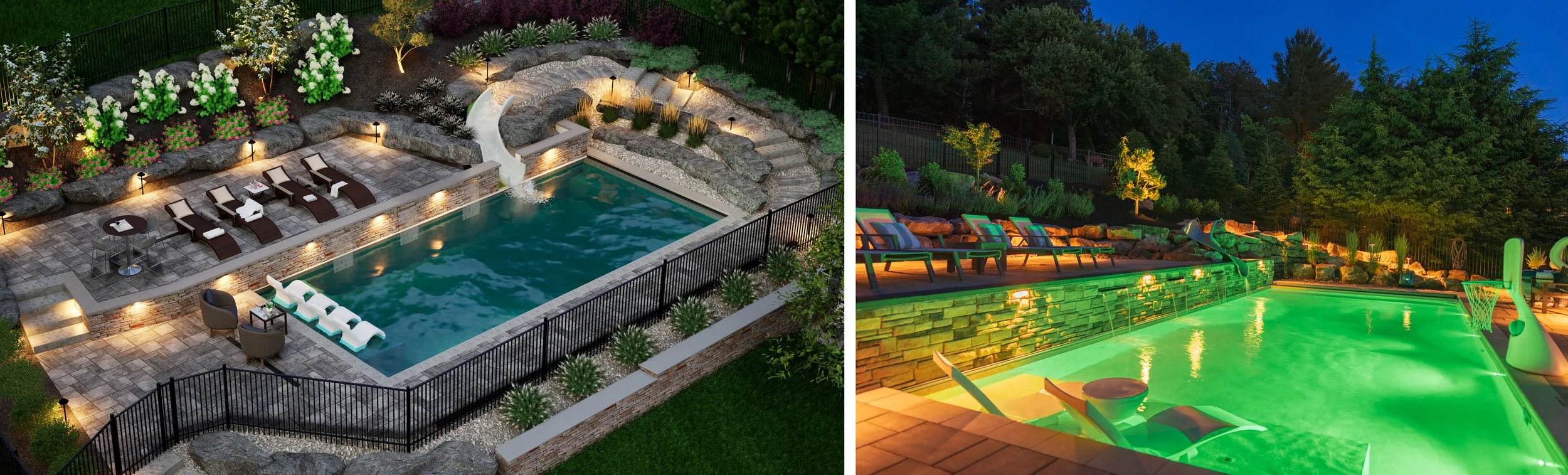 Night rendering and night photo of the same lit pool terrace
