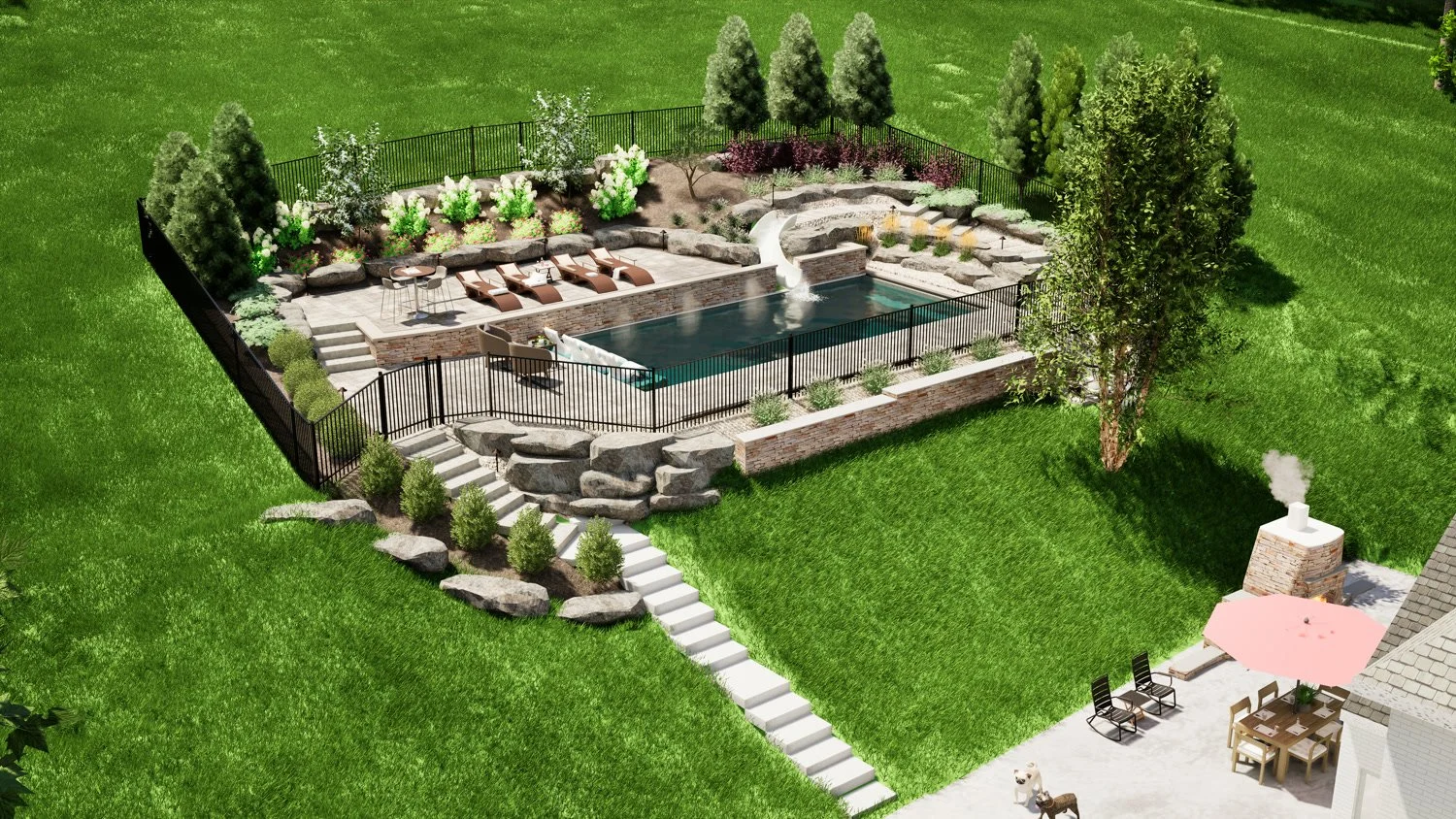 Photoreal rendering of a pool terrace on a sloped backyard, seen from above the original patio