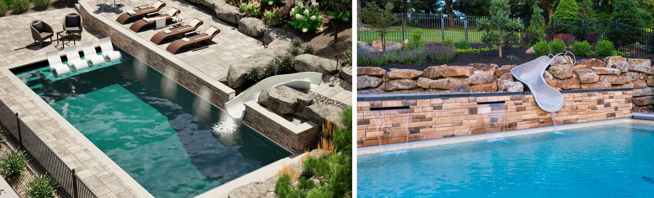 Rendering and finished photo of a stone wall with three waterfalls and a slide