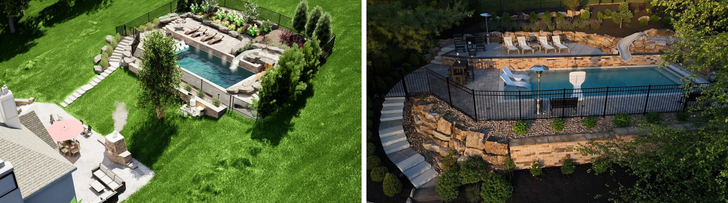 Rendering and finished photo of the same pool terrace and steps