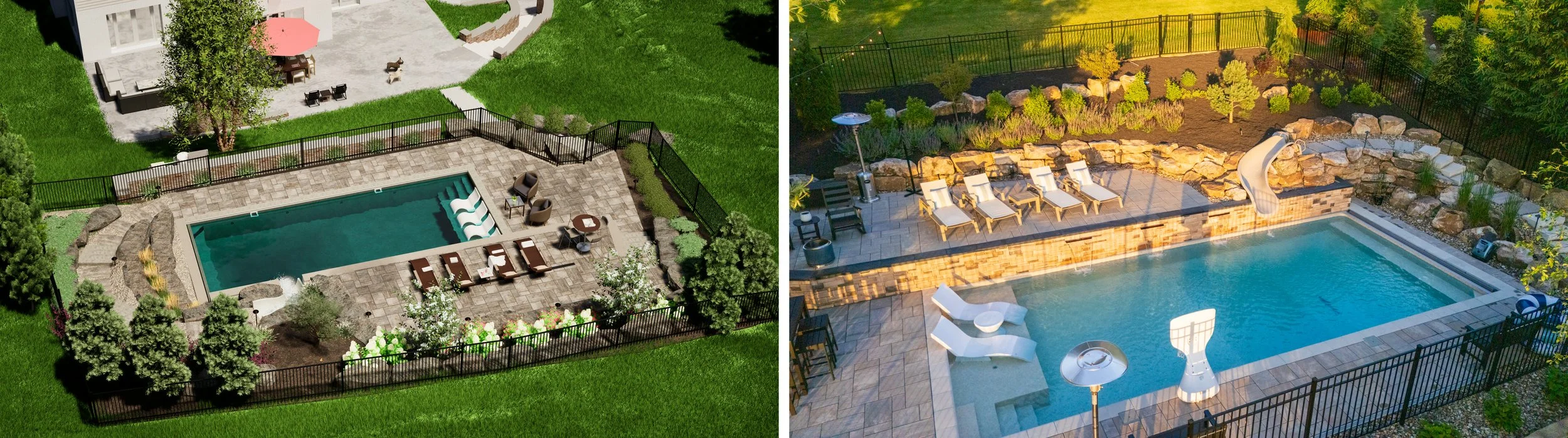 Rendering and drone photo of the same pool terrace from above