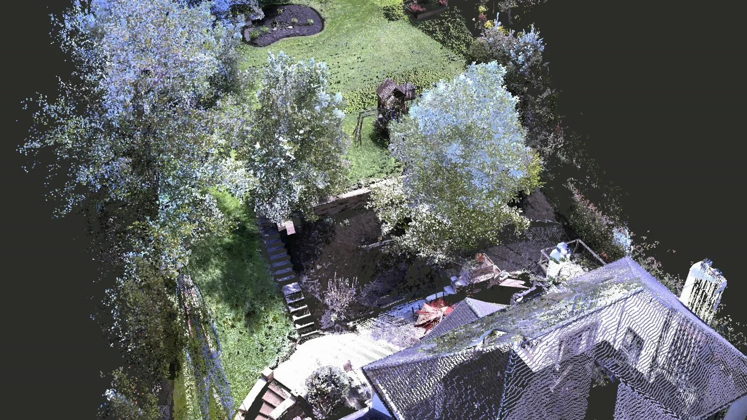 Point cloud view of a patio, steps and sloped lawn