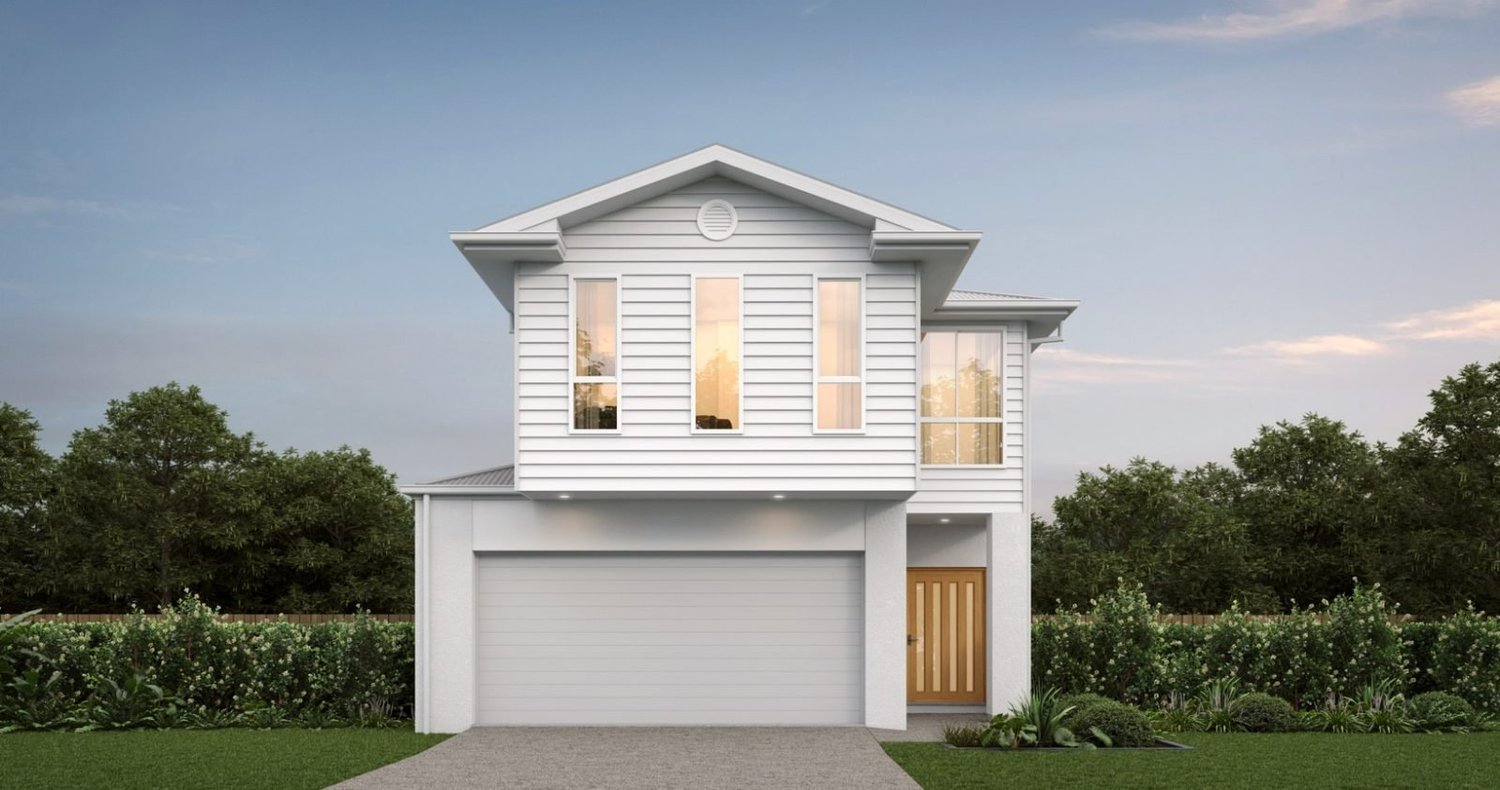 Facade of a four-bedroom highset two-storey home, Bahrs Scrub