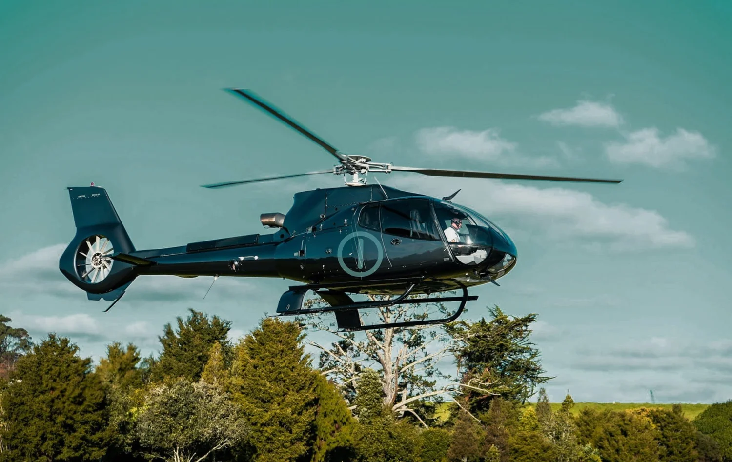 A private helicopter in flight above the treetops.
