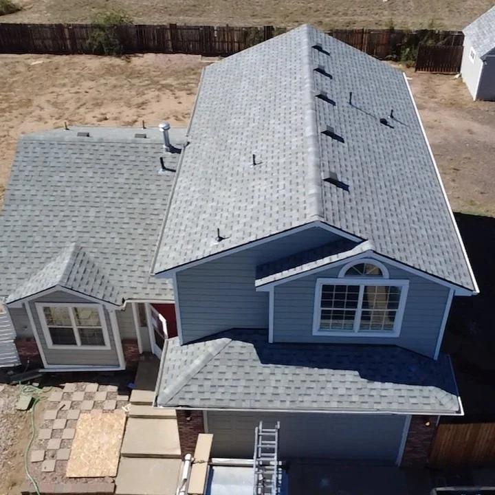 Gray shingle roof and blue house photographed from above