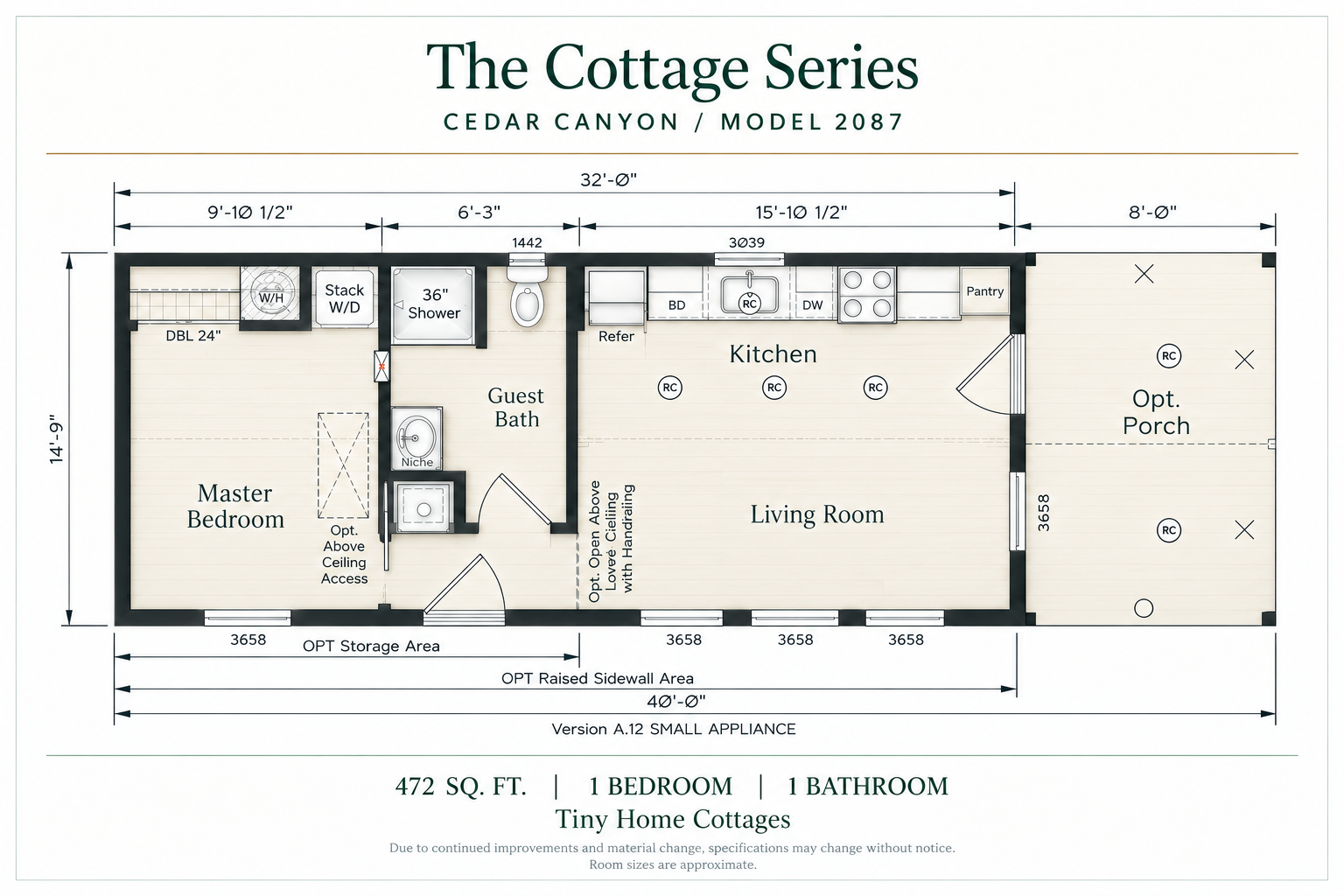 Cedar Canyon 2087 floor plan, 472 square feet, one bedroom and one bathroom
