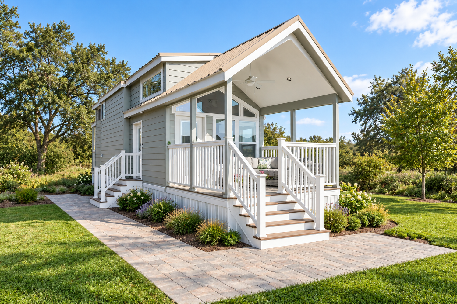 Enhanced visualization of our cottage with finished white stairs and landscaped surroundings