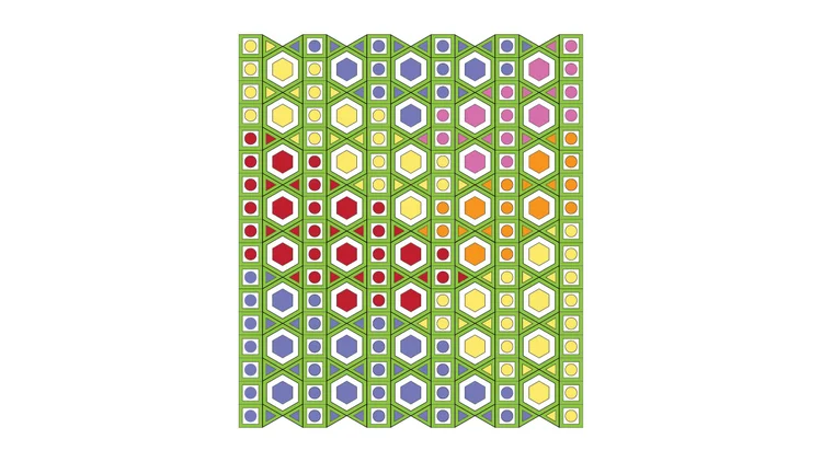 Graphic of a blanket layout made with hexagons, squares, and triangles. The shapes are arranged to create a color-block design with diagonal stripes of periwinkle, red, yellow, orange, and pink. The background is light green.