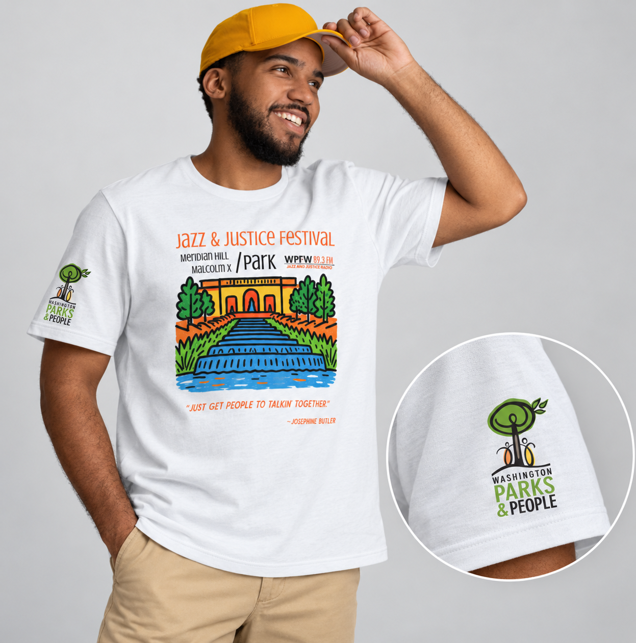 White Jazz and Justice Festival t-shirt showing the Meridian Hill Park cascade, with the Washington Parks & People logo on the sleeve