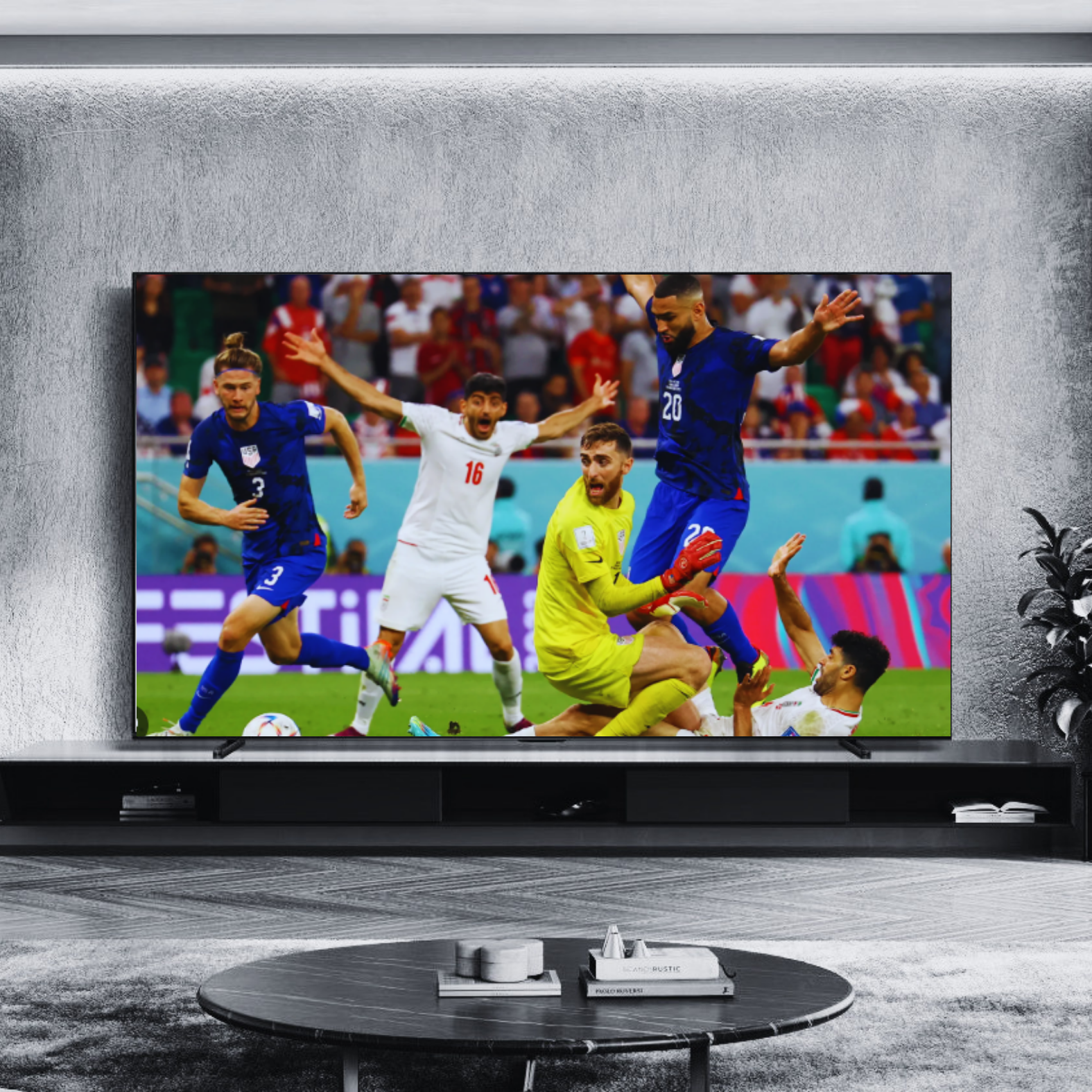 LG C5 OLED television in a bright living room, showing a live football match