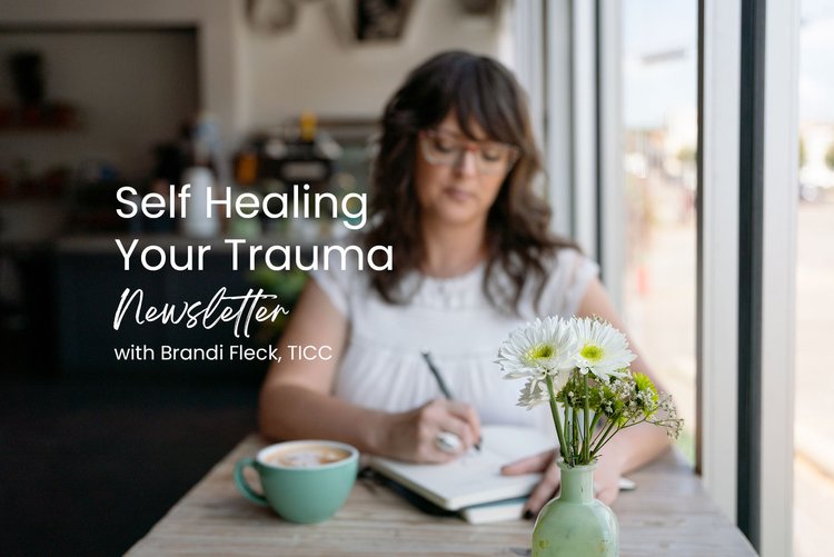 Self Healing Your Trauma Newsletter Banner with Brandi writing in background.