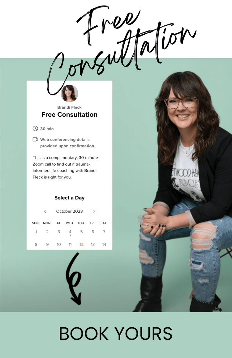 Brandi sitting, leaning over with elbows on knees beside an availability calendar.