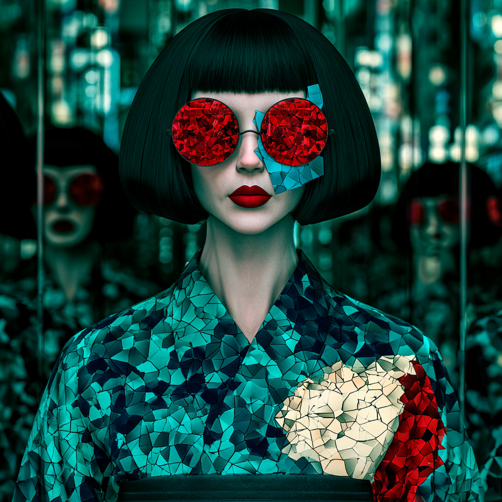 Geisha, ruby — chin-length bob, ruby disc sunglasses, teal mosaic kimono, neon rain