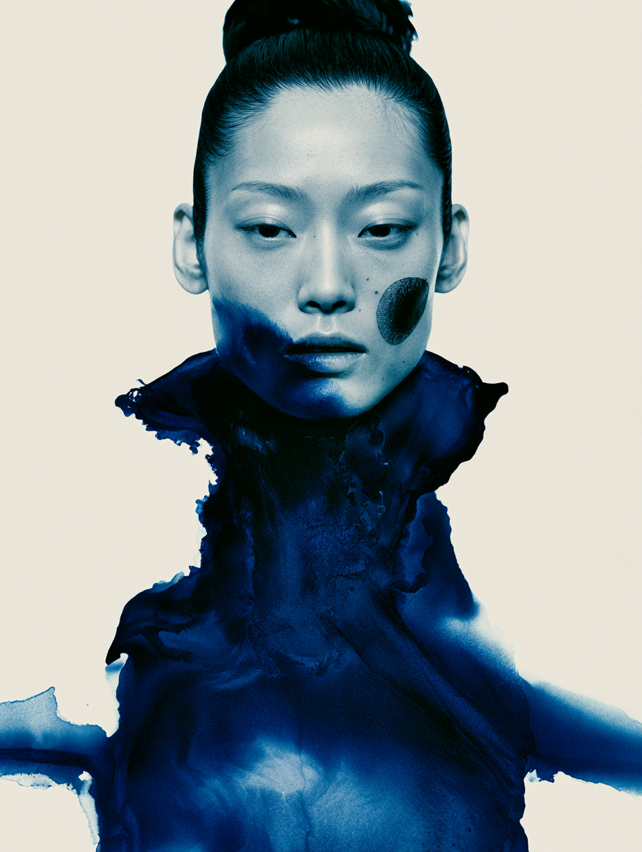Geisha, indigo — a still face, indigo ink at the throat and a circle on the cheek