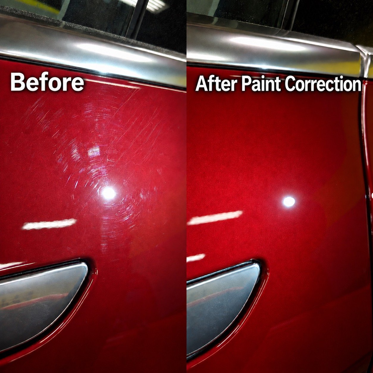 Before and after paint correction on red vehicle paint