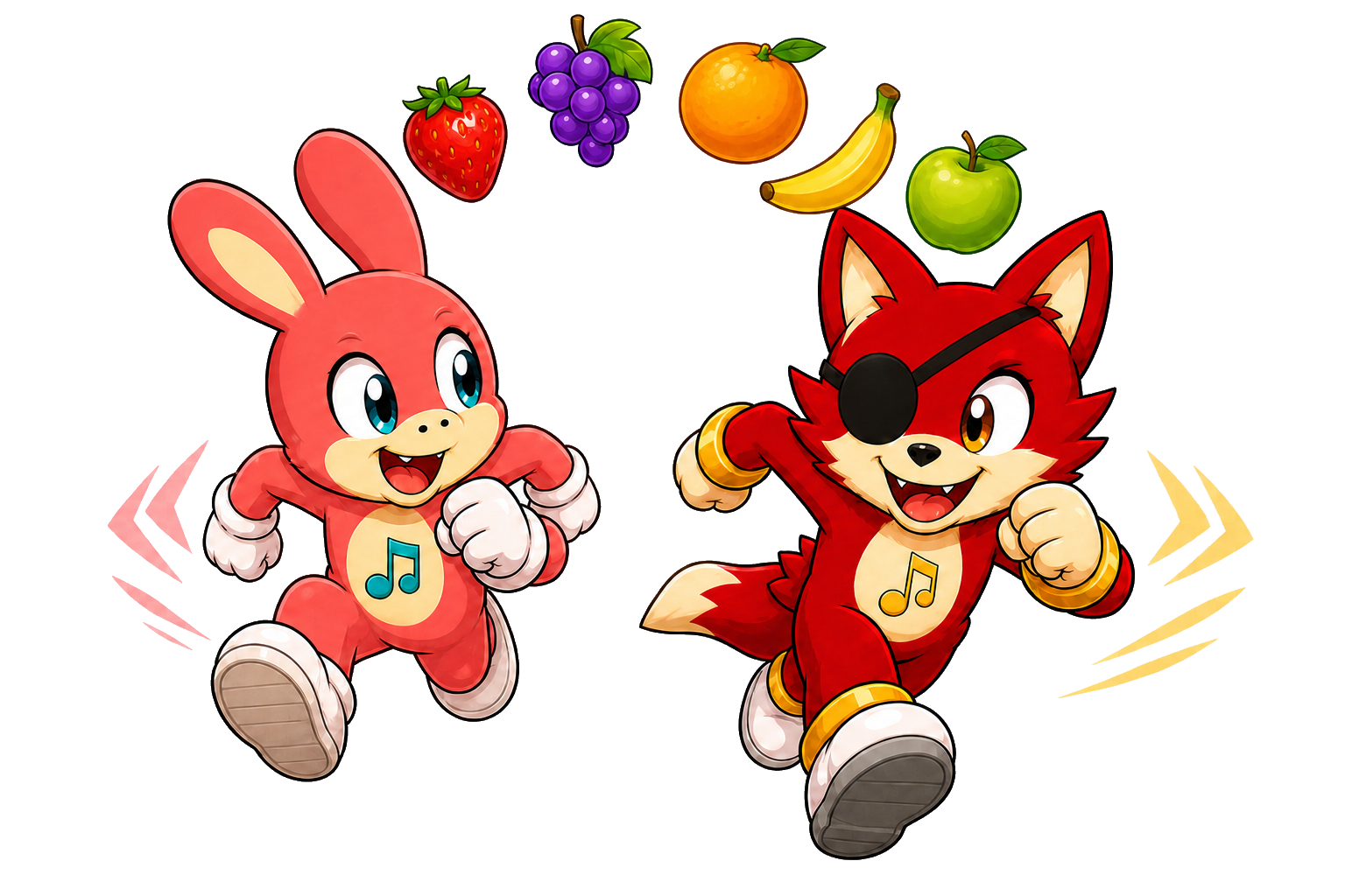 Tempo and Cadence sprinting together beneath flying fruit