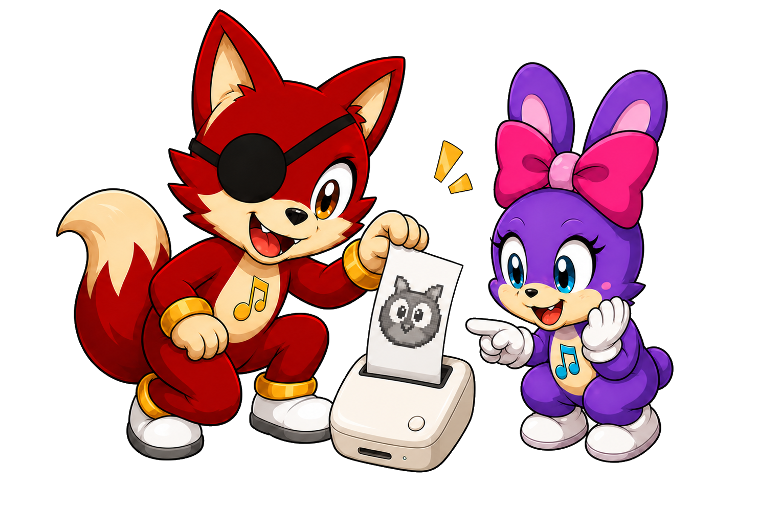 Cadence and Daphne watching a Game Boy Printer make a pixel portrait