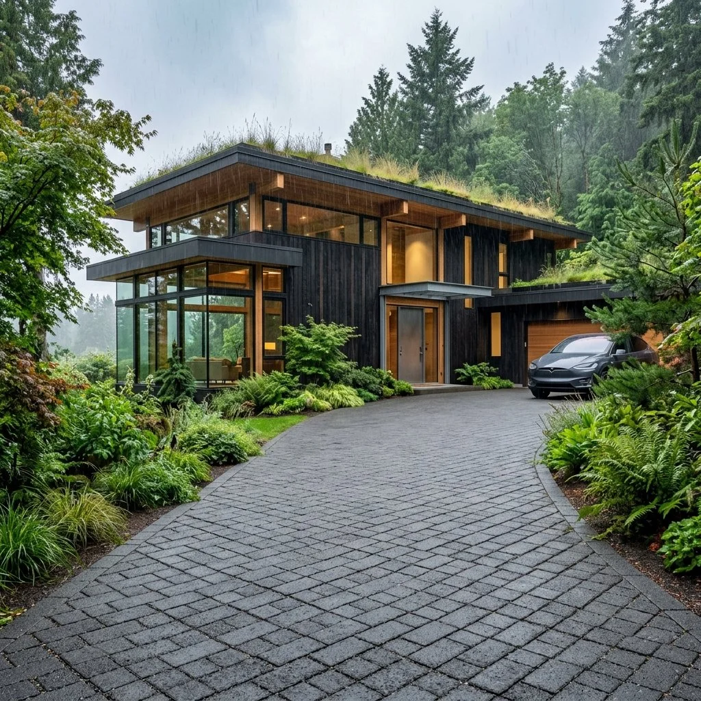 Premium modern sustainable home with Kuma Concrete pervious paver driveway during a gentle rainfall