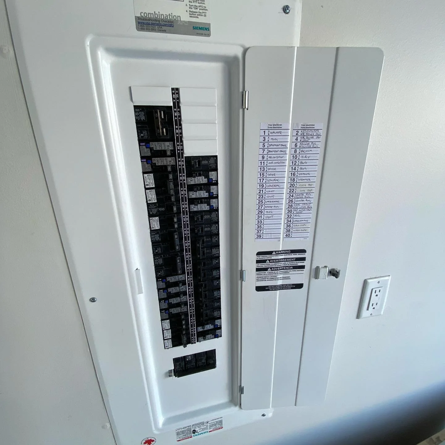 New 200-amp Siemens electrical panel.