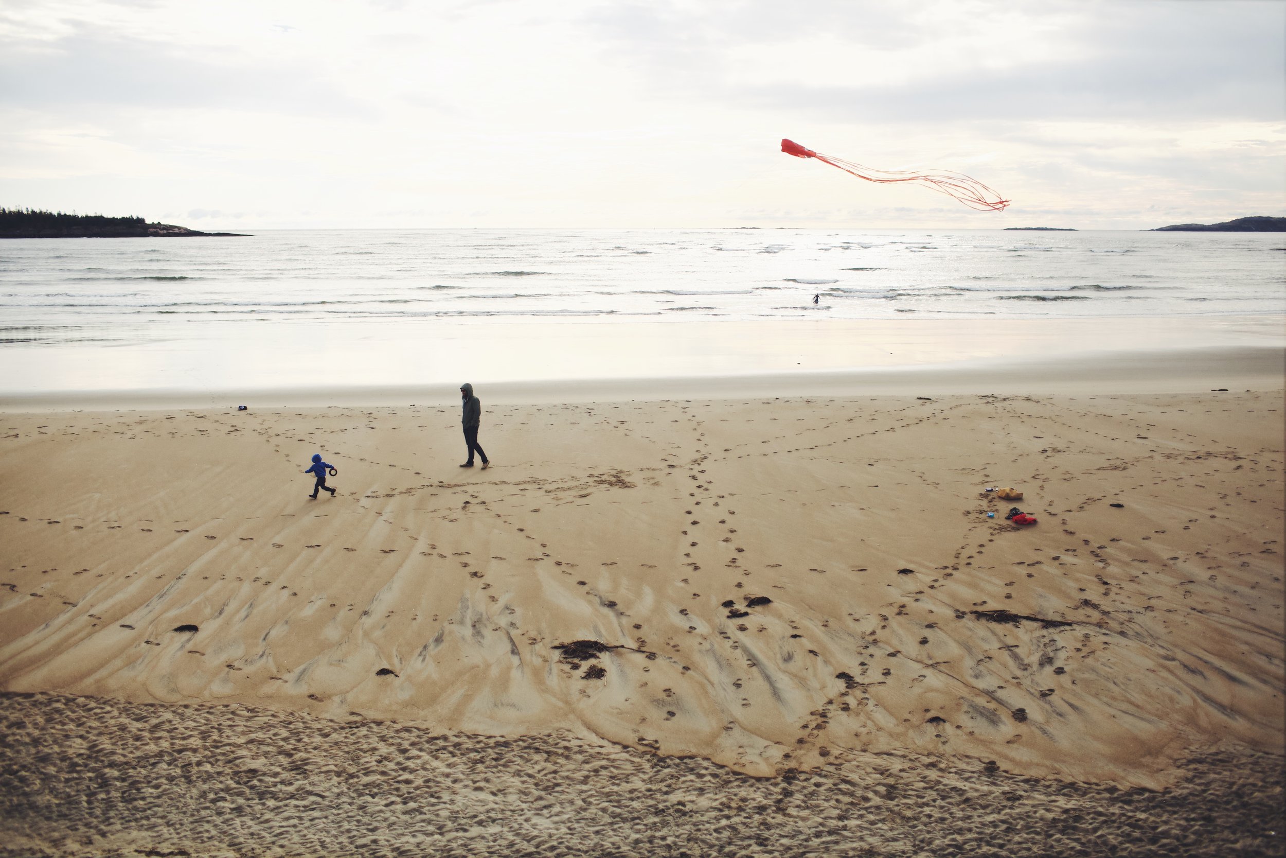 Matt and Louis flying a red octopus kite in Maine