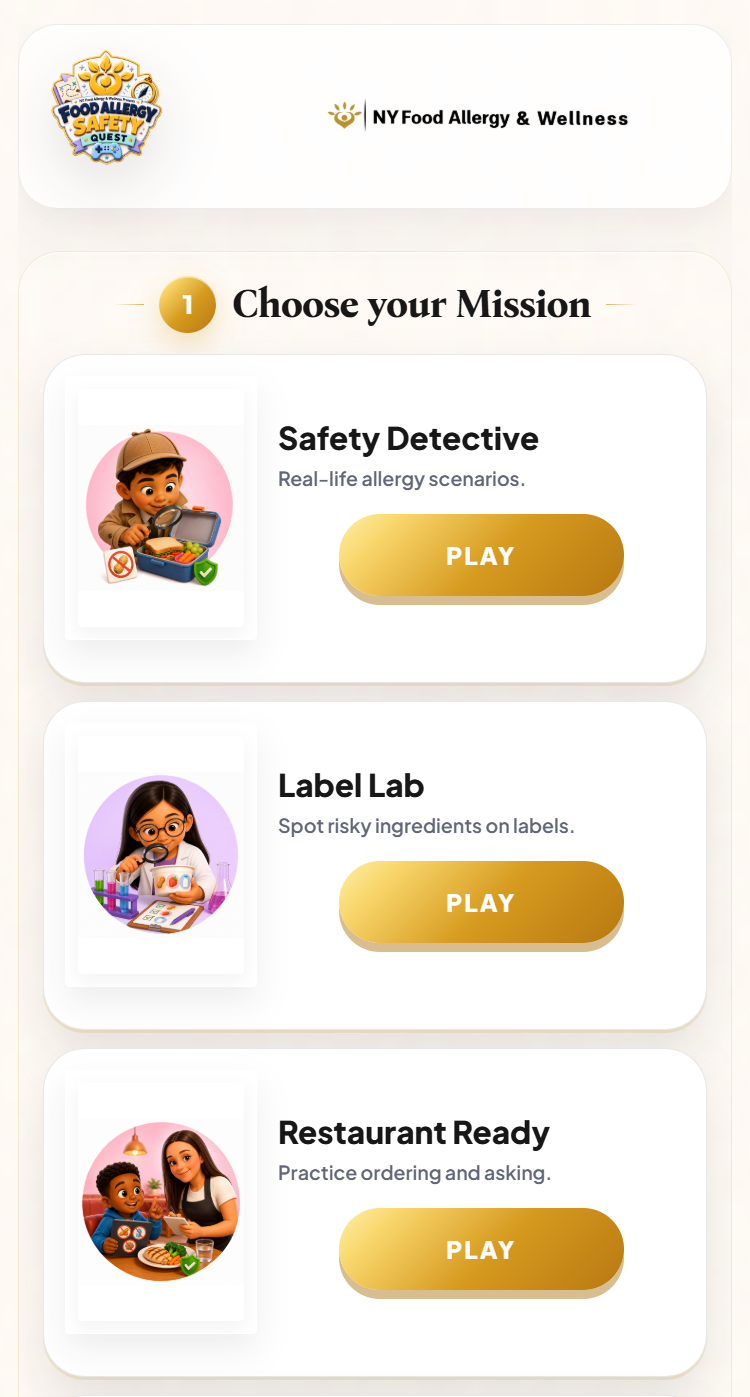 Food Allergy Safety Quest game selection screen three
