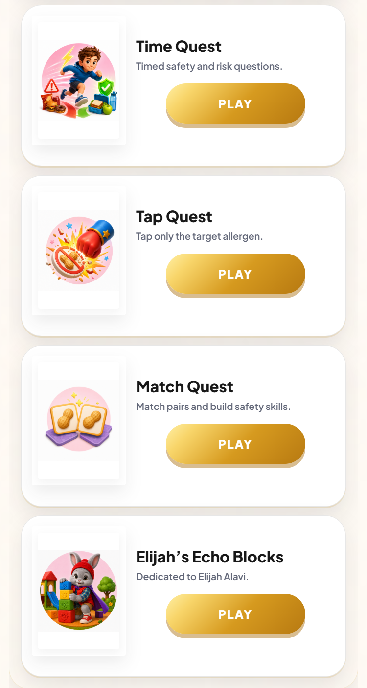 Food Allergy Safety Quest game selection screen four