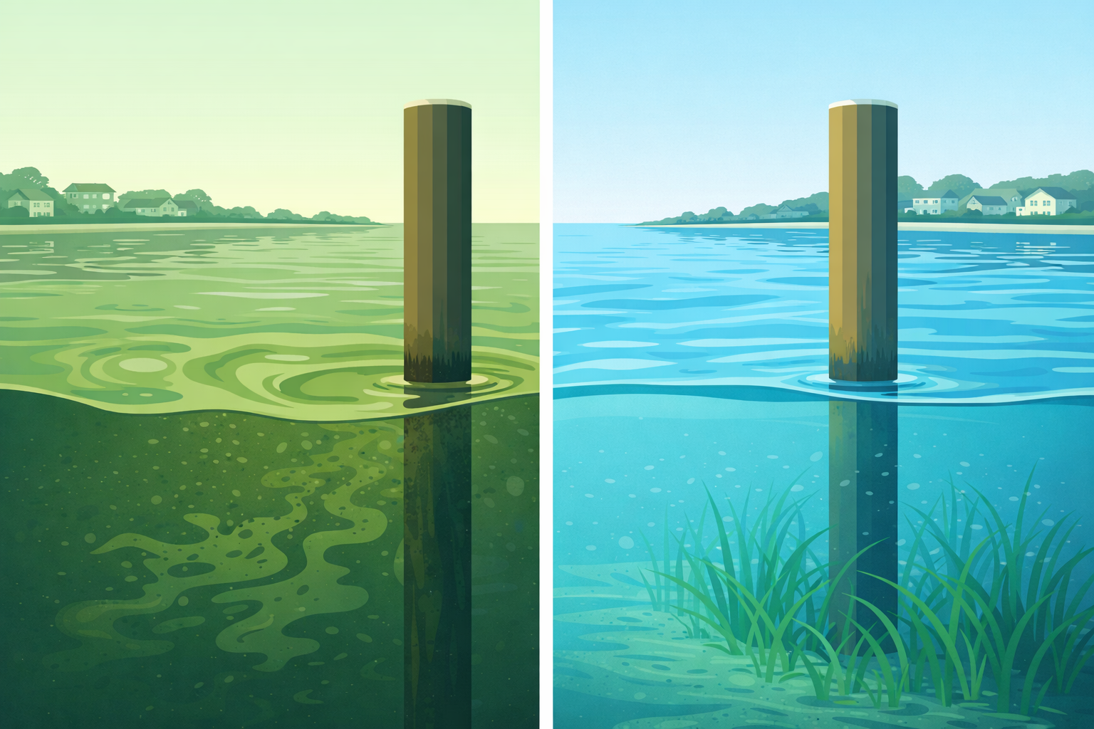 Split waterway comparison showing algae bloom versus healthy water