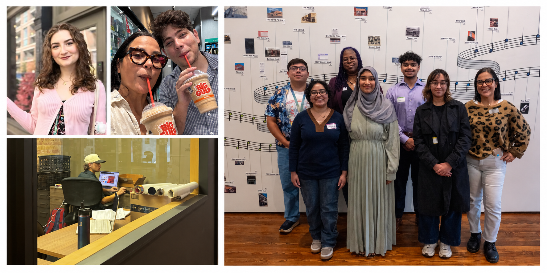 Collage of Deep Ellum Foundation interns, including individual portraits, a group at the Community Center, and moments from their work in the neighborhood.