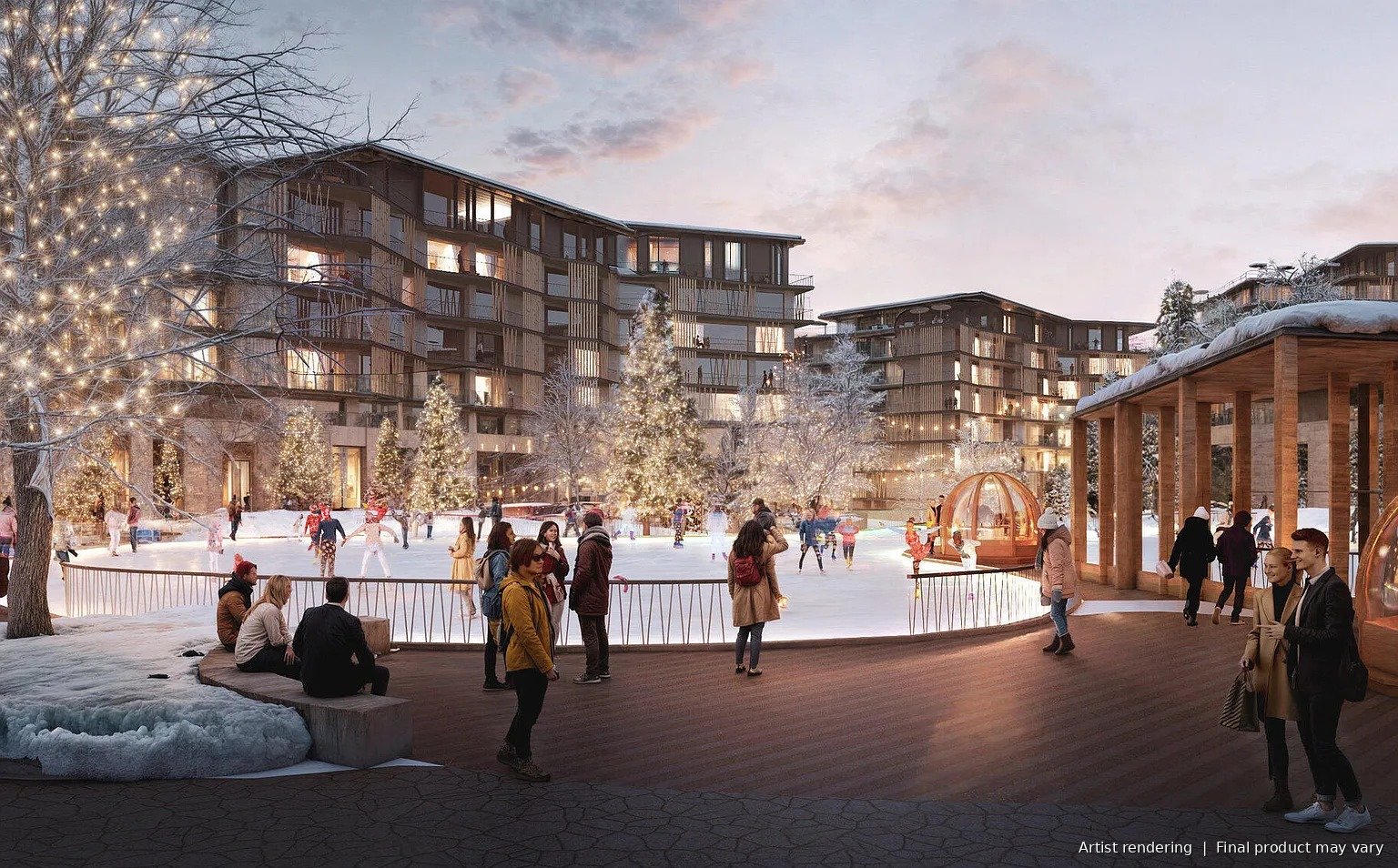 Deer Valley East Village ice rink at dusk