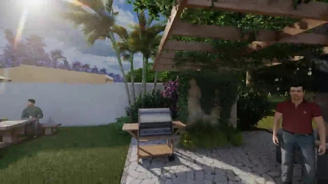 Render de un patio con pérgola, jardín y espacio de reunión