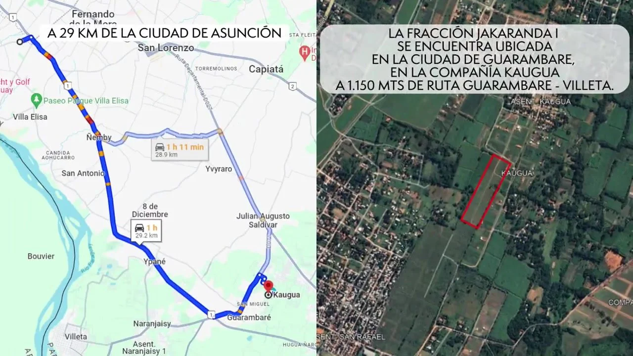 Mapa del video con la ubicación de Jakaranda I en Guarambaré y el recorrido desde Asunción