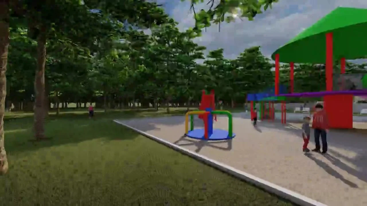 Render de un espacio verde con juegos infantiles
