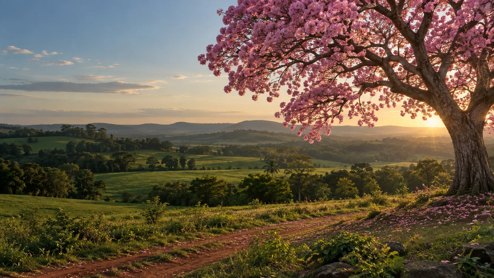 Paisaje ilustrativo con un lapacho rosado y un camino de tierra