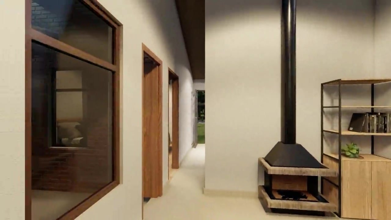 Render del interior de una vivienda, con chimenea y pasillo