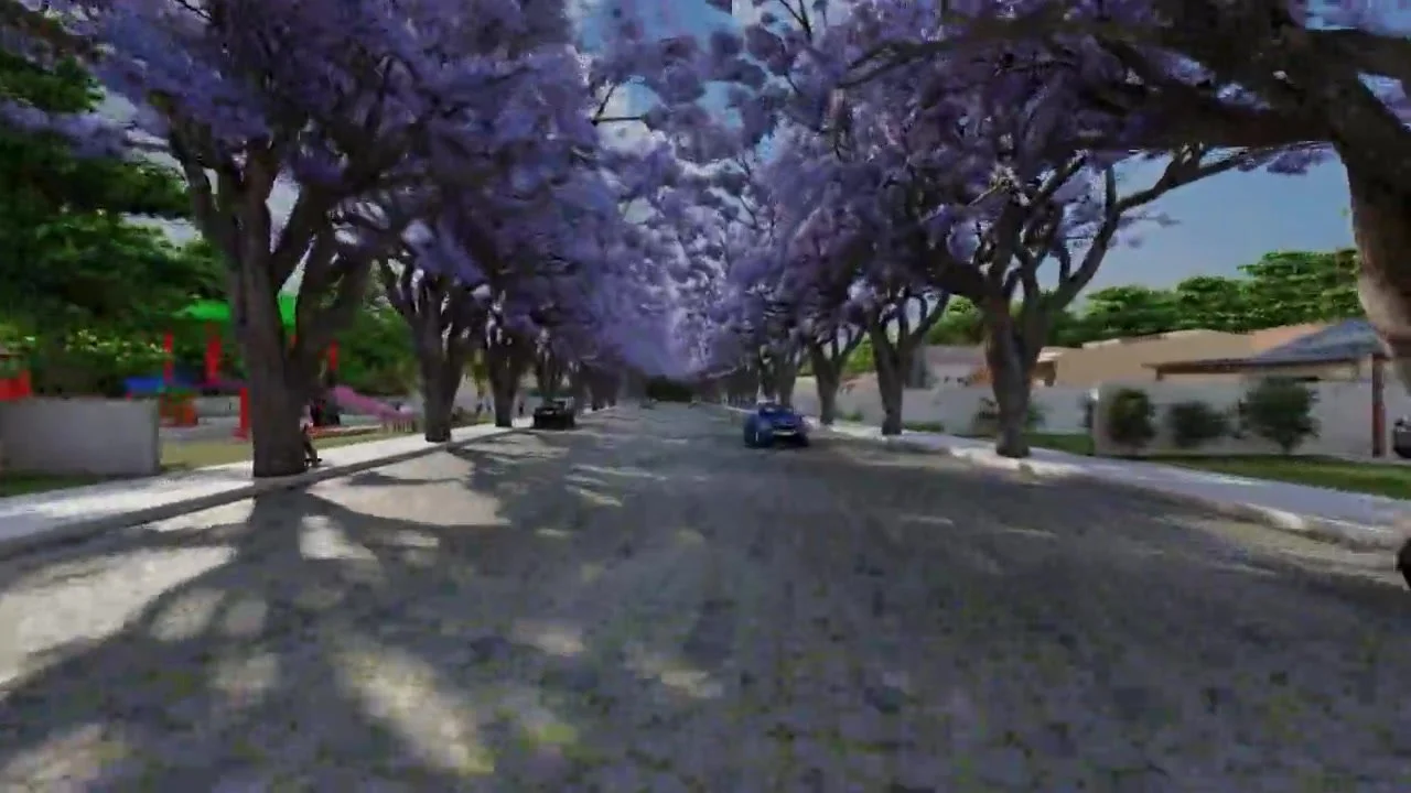 Render de calles arboladas del proyecto Jakaranda I