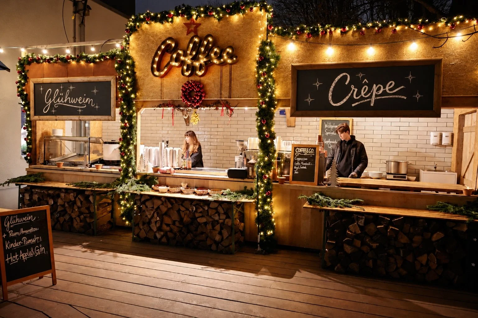 Beleuchtete Wintermarkt-Buden mit Glühwein, Coffee und Crêpes