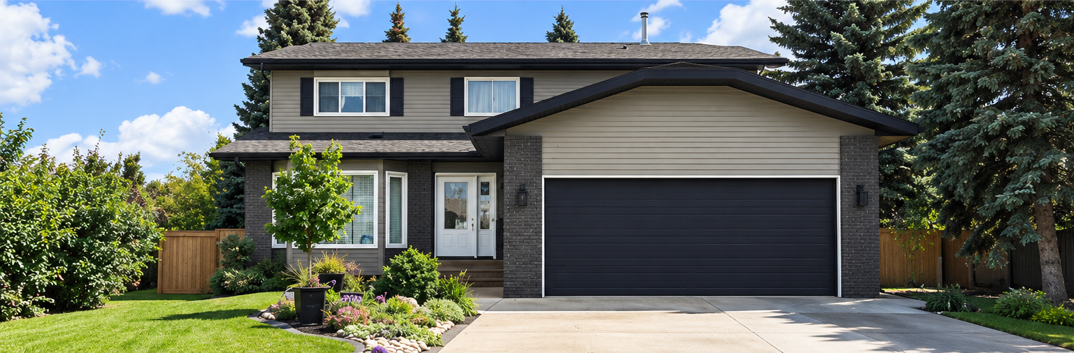 Two-storey home after exterior transformation, featuring neutral siding, charcoal accents and a dark garage door.