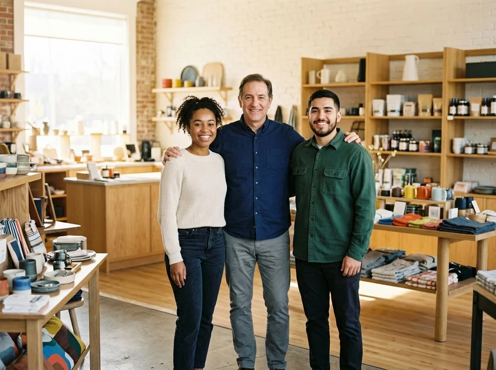 Business owner standing with employees in his store