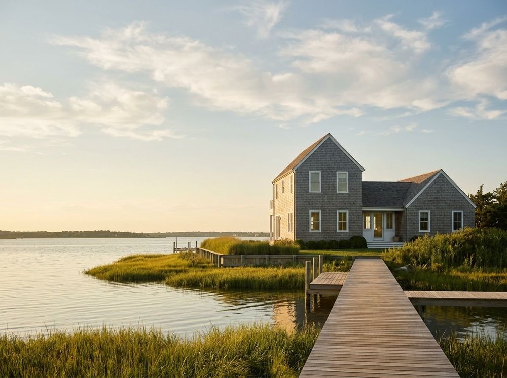 Waterfront home with a dock on a Long Island bay