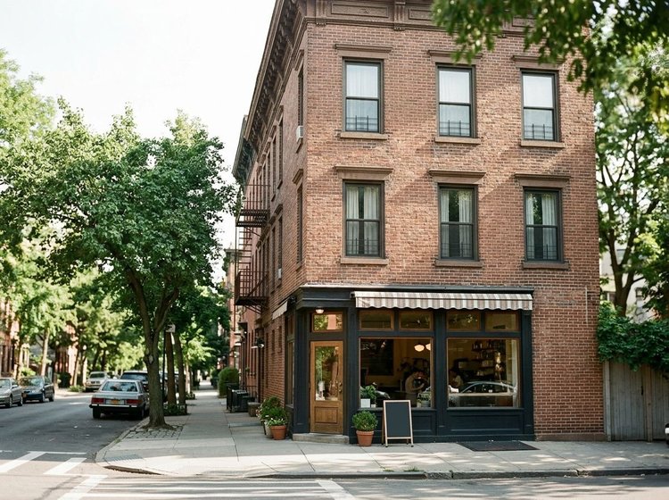 Brick mixed-use building with a storefront and apartments above in Brooklyn
