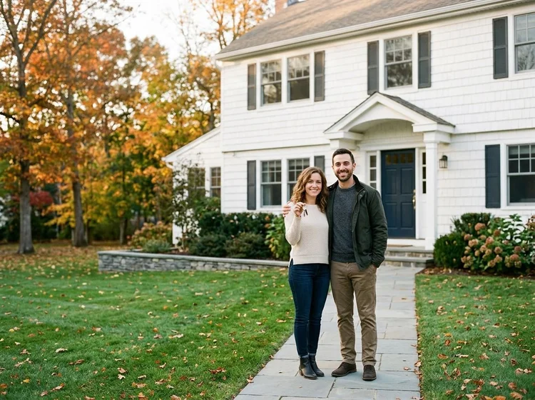 New homeowners in front of their house on Long Island