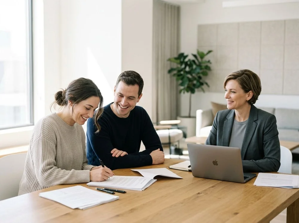 Home buyers signing closing documents with their loan officer