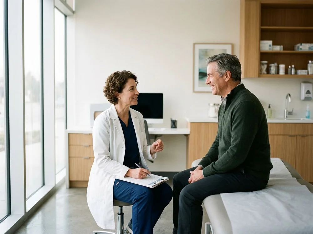 Doctor talking with a patient during a visit in a modern clinic
