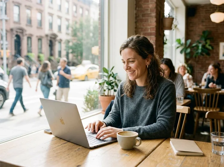 Self-employed woman working on a laptop at a New York cafe