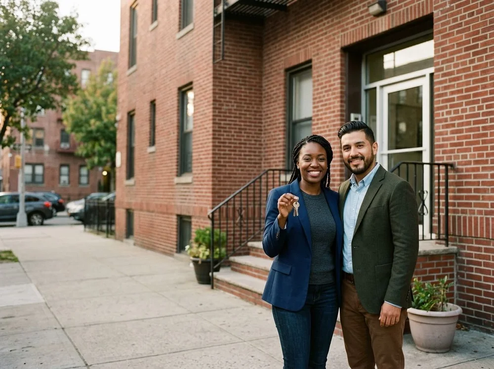Real estate investors holding keys in front of their brick apartment building in Queens
