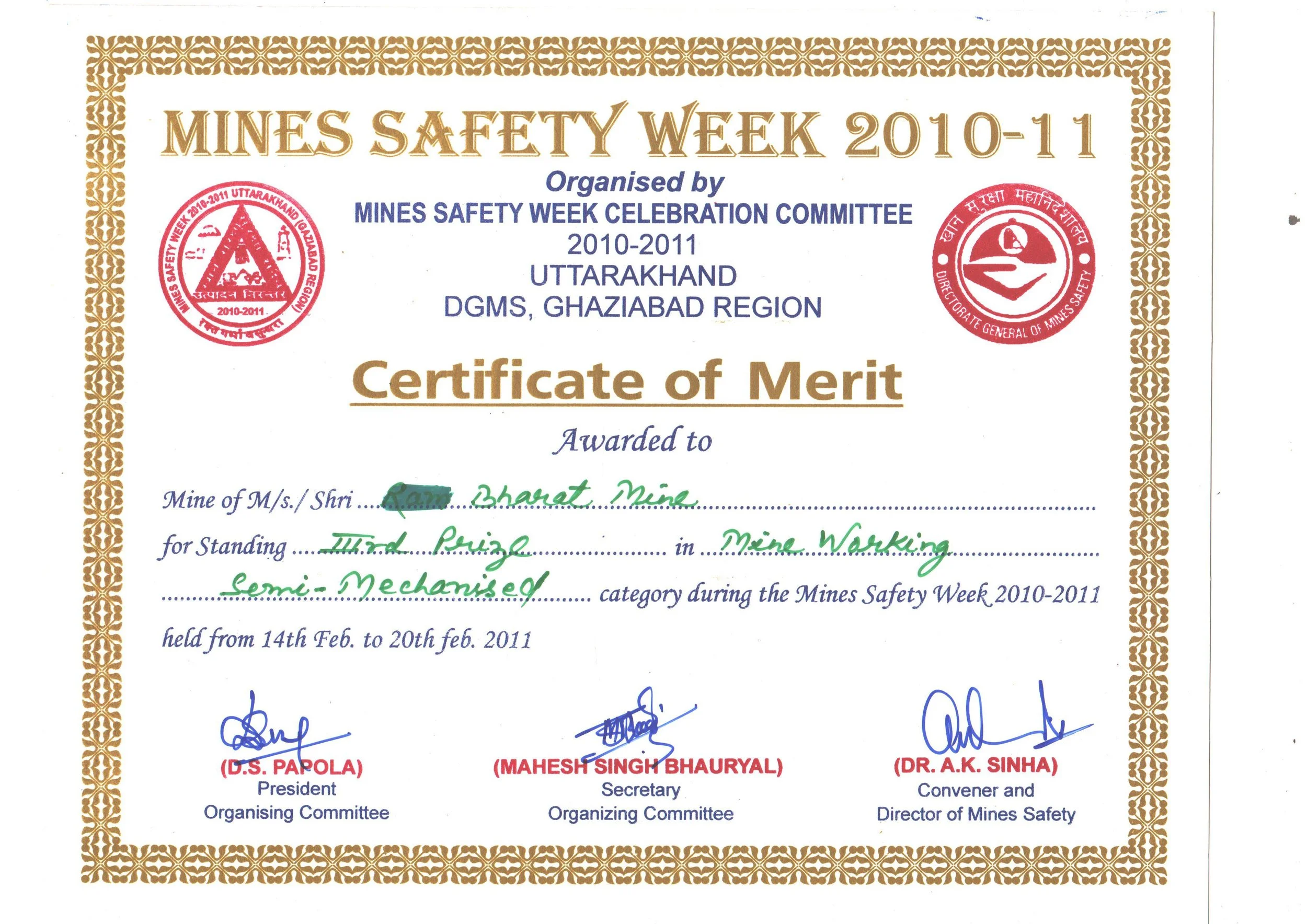 Mines Safety Week merit certificate for mine working