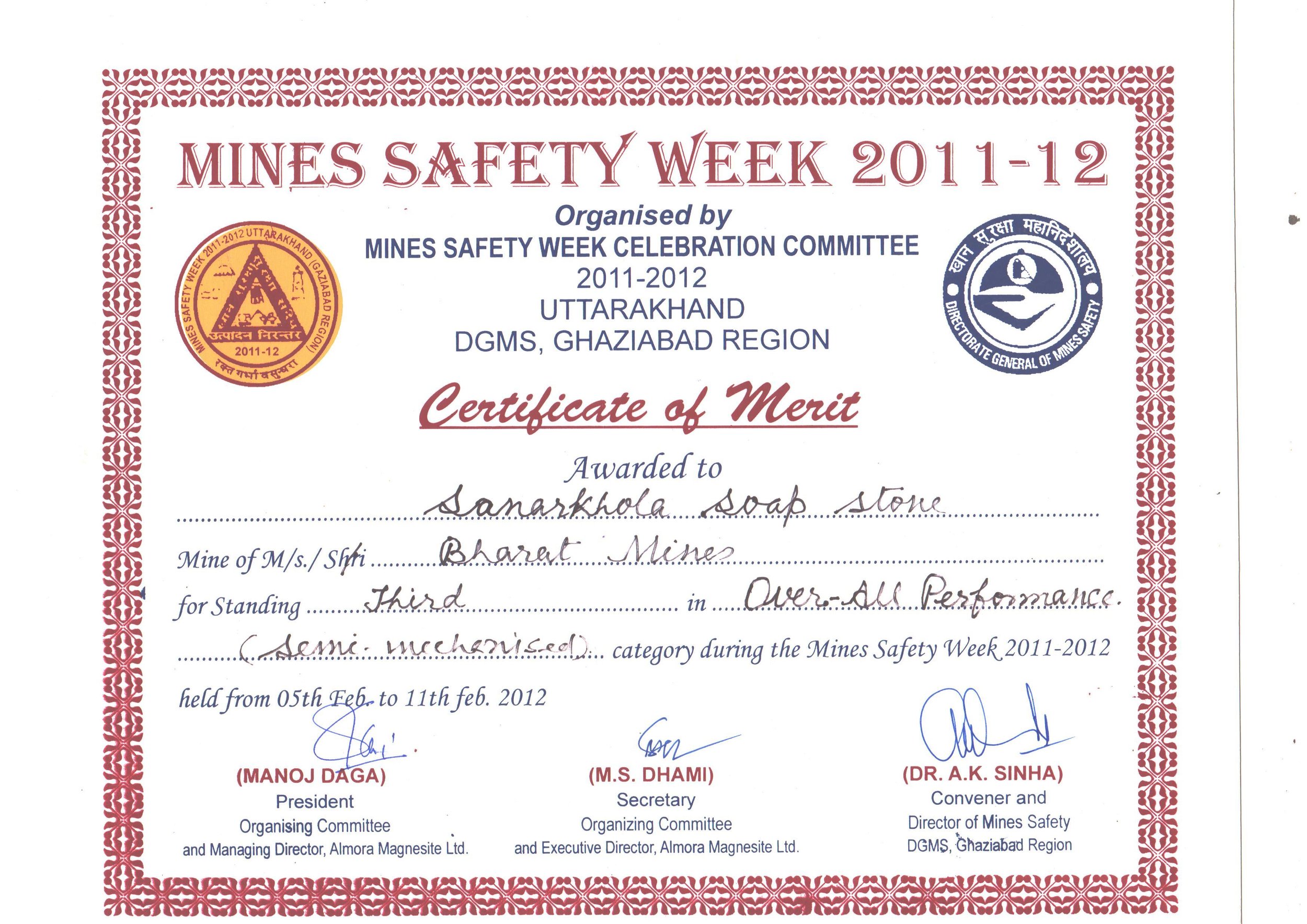 Mines Safety Week merit certificate for overall performance