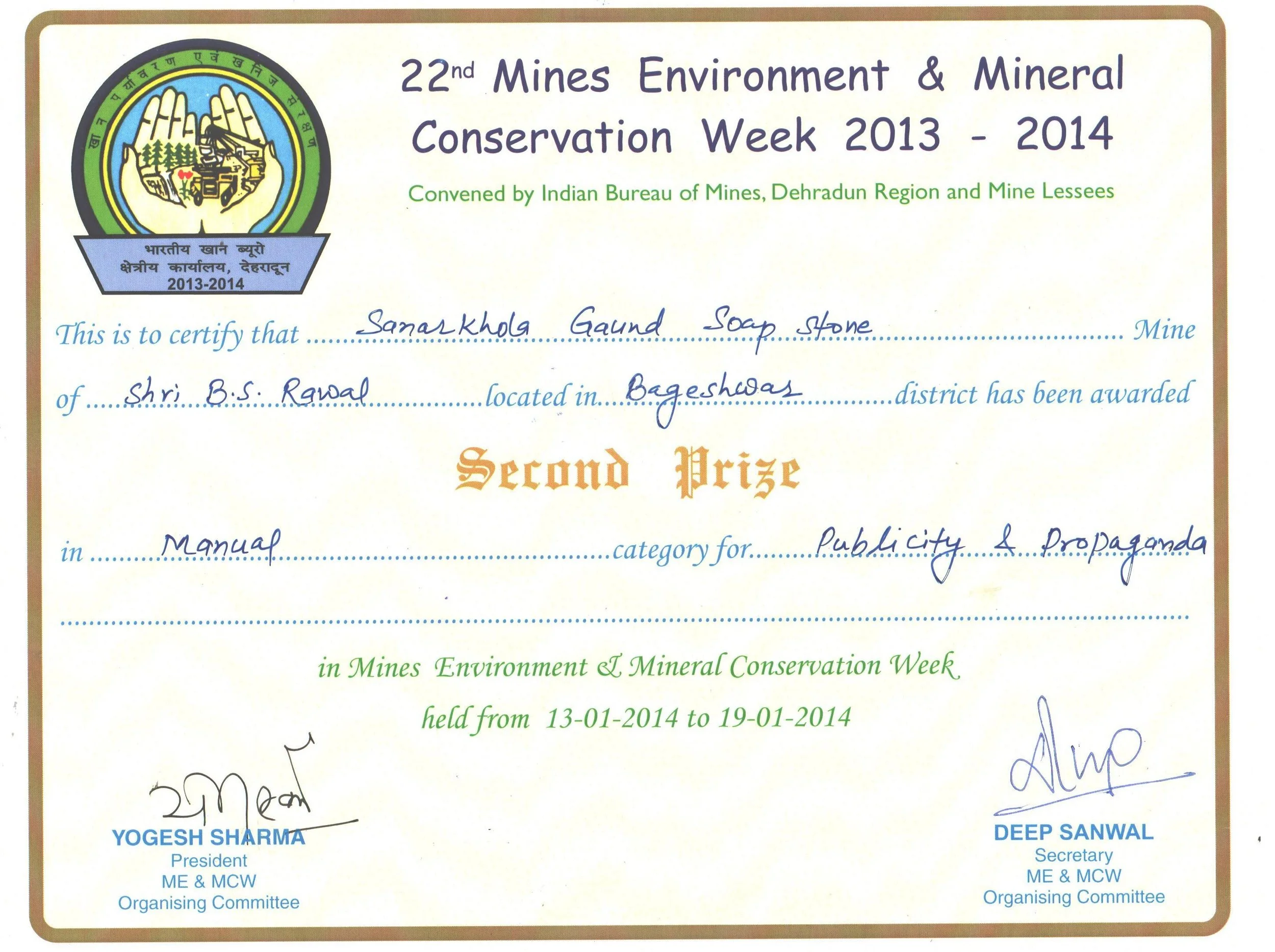 Mines Safety Week merit certificate for publicity and awareness