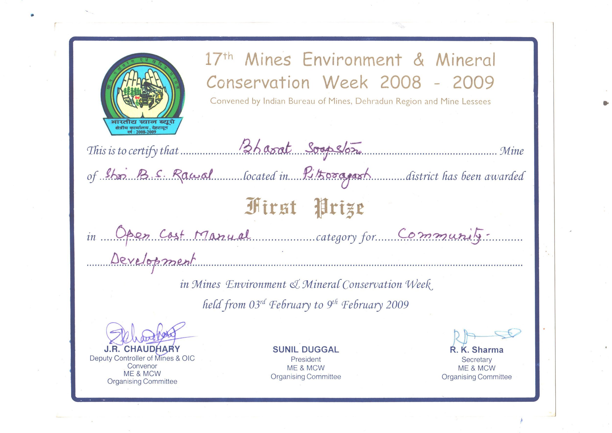 First Prize certificate from Mines Environment and Mineral Conservation Week 2008–09